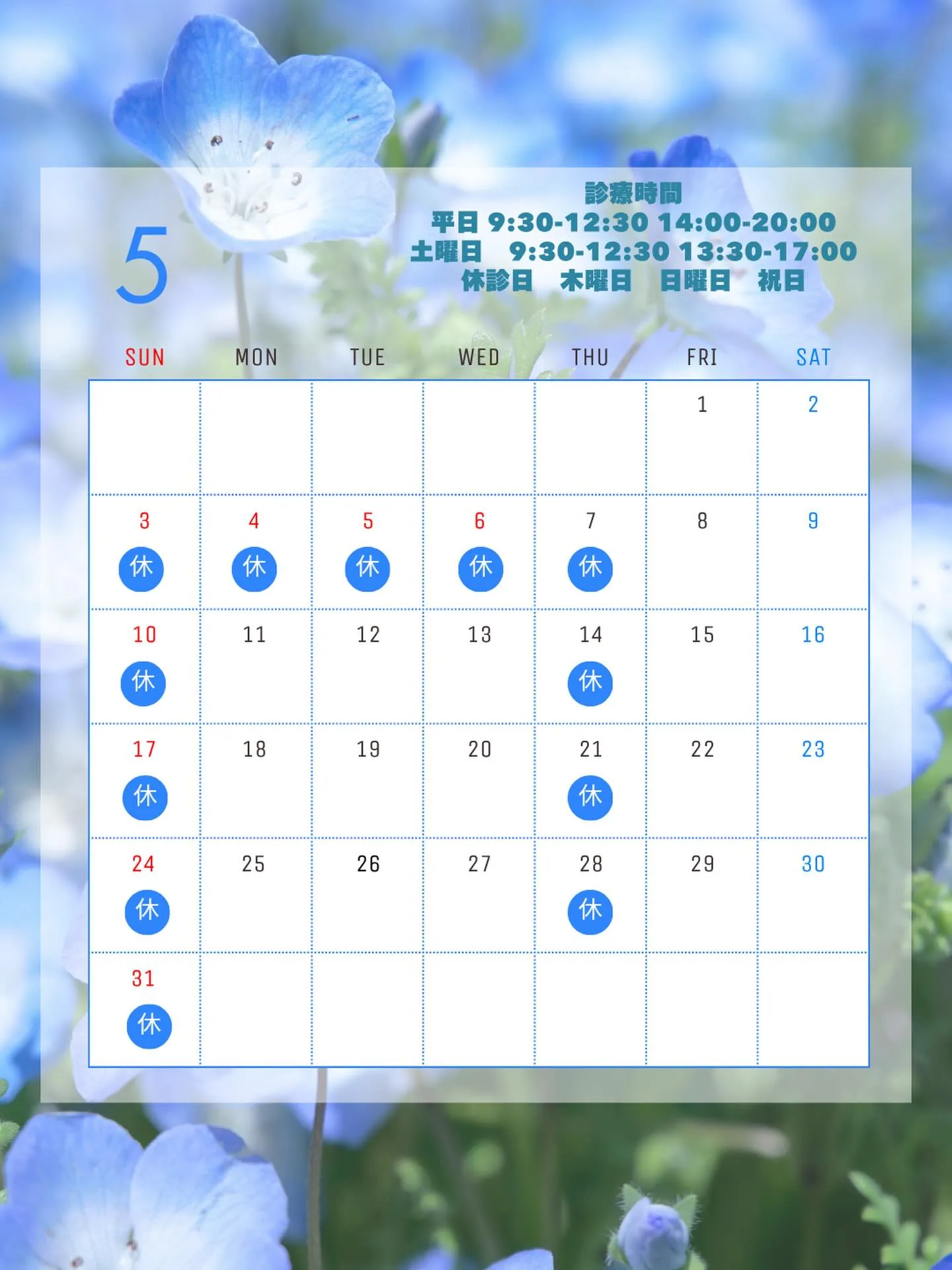 5月の休診日のお知らせです🌼